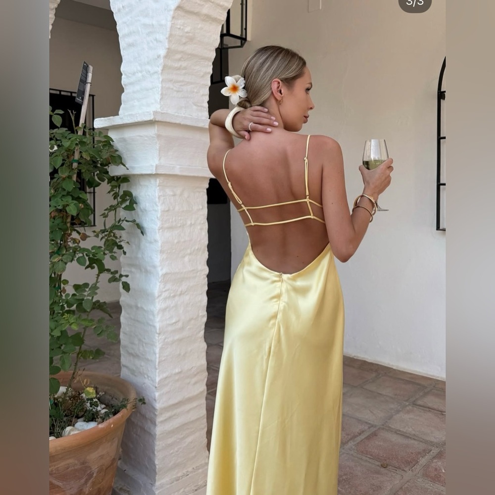 Zara maxi dress flowy butter yellow satin effect wedding evening party - Picture 9 of 16